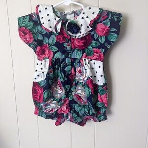 Floral English Toffee Vintage Paper Tag Romper with Polka Dot Collar